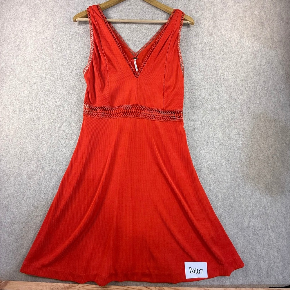 Free People Orange Red Ribbed Crochet Lace Trim V-Neck Mini Dress Size 4